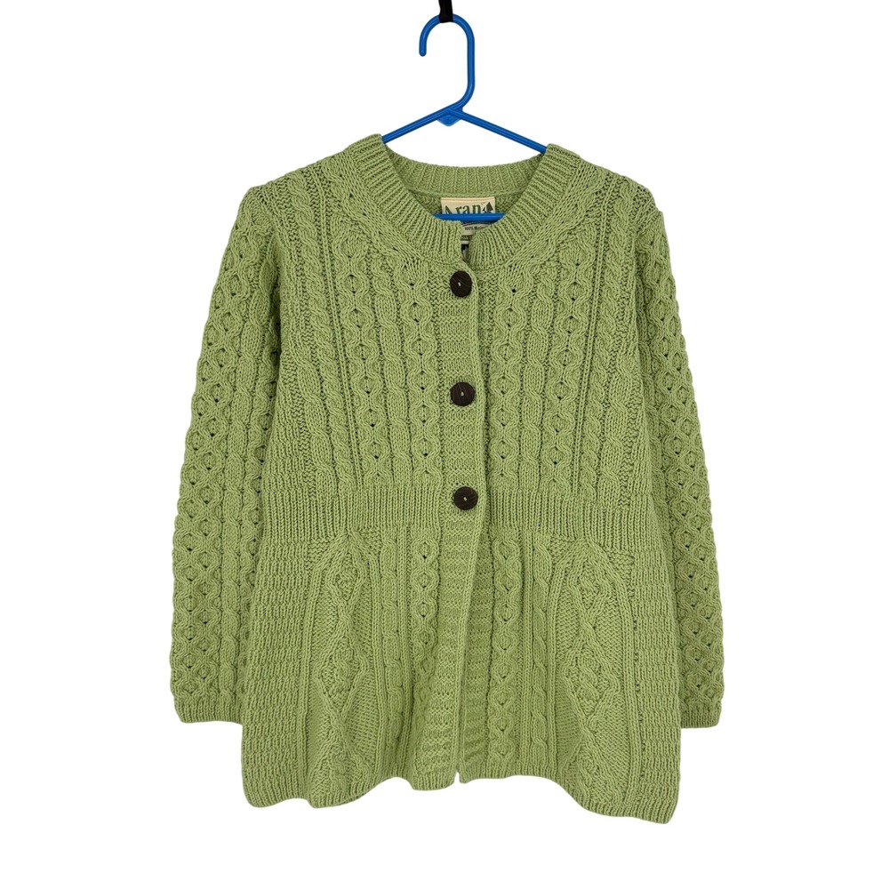 NEW Aran Woollen Mills Sage Green 100% Merino Wool Cable Knit Cardigan Irish S